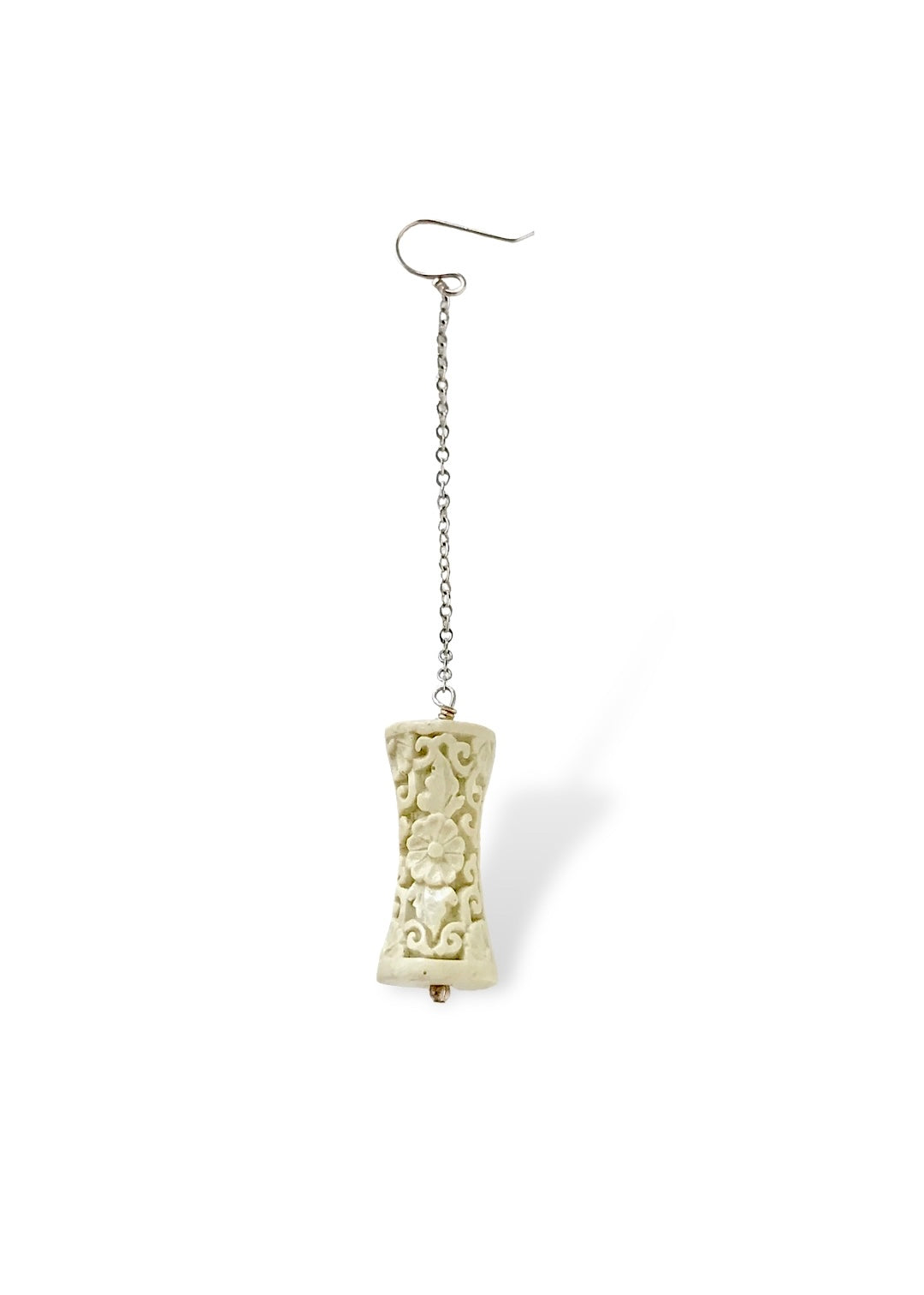 Carved White Resin and Silver Dangle Earrings